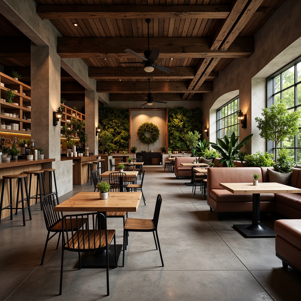 Prompt: Rustic restaurant interior, reclaimed wooden tables, metal chairs, exposed brick walls, industrial pendant lights, polished concrete floors, natural stone countertops, earthy tone color palette, lush greenery, living walls, modern minimalist decor, sleek stainless steel kitchenware, warm ambient lighting, shallow depth of field, 1/1 composition, realistic textures, ambient occlusion.