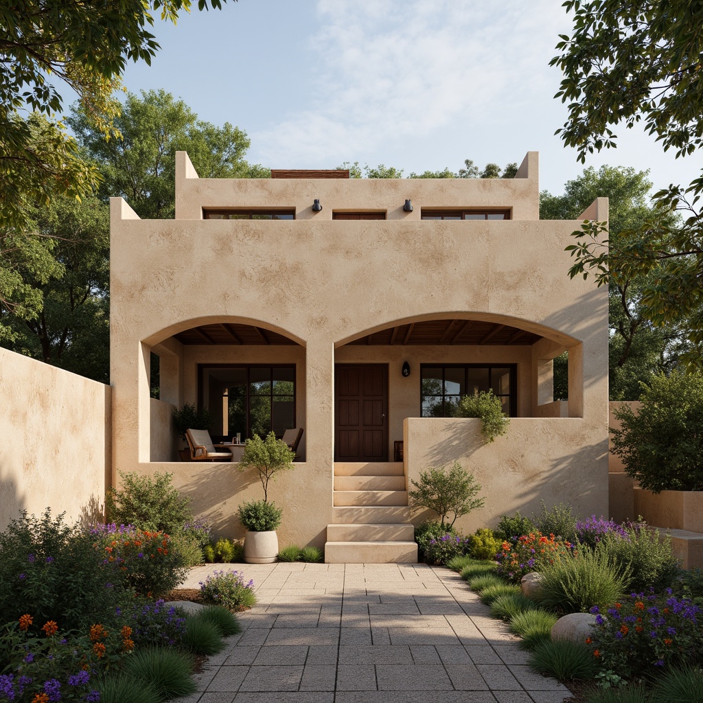 Prompt: Rustic building facade, rough-hewn plastered concrete walls, earthy color palette, natural textures, organic forms, minimalist architecture, subtle lighting, soft shadows, ambient occlusion, 1/1 composition, realistic render, atmospheric perspective, serene atmosphere, peaceful surroundings, lush greenery, vibrant flowers, blooming trees.