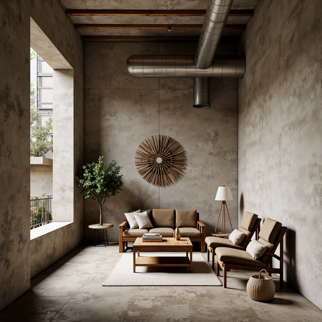 Prompt: Rustic plastered concrete walls, earthy tones, natural textures, industrial chic aesthetic, exposed ductwork, polished metal accents, reclaimed wood furniture, urban loft atmosphere, soft warm lighting, shallow depth of field, 3/4 composition, realistic renderings, ambient occlusion, modern minimalist decor.