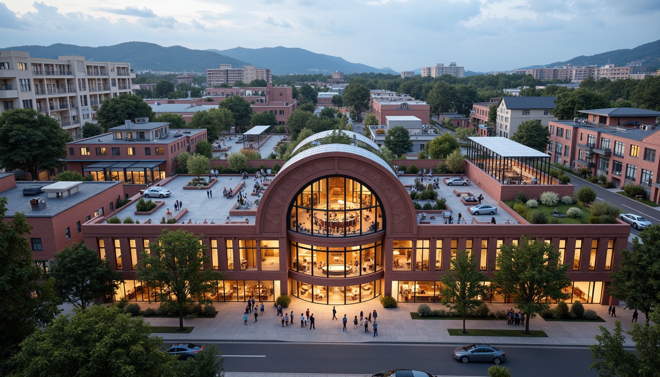 Prompt: Grand opera house-inspired social housing, curved fa\u00e7ade, ornate details, vibrant cultural colors, community gathering spaces, outdoor performance areas, pedestrian-friendly streetscape, lush green roofs, modern amenities, mixed-income residential units, accessible walkways, eclectic urban landscape, soft warm evening lighting, shallow depth of field, 1/1 composition, realistic textures, ambient occlusion.