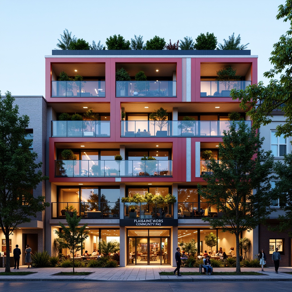 Prompt: Vibrant community pub, social housing facade, eclectic mix of brick, metal, and glass materials, bold color schemes, dynamic geometric patterns, modern minimalist aesthetic, cantilevered balconies, communal outdoor spaces, lush green roofs, urban landscape views, warm soft lighting, shallow depth of field, 3/4 composition, realistic textures, ambient occlusion.