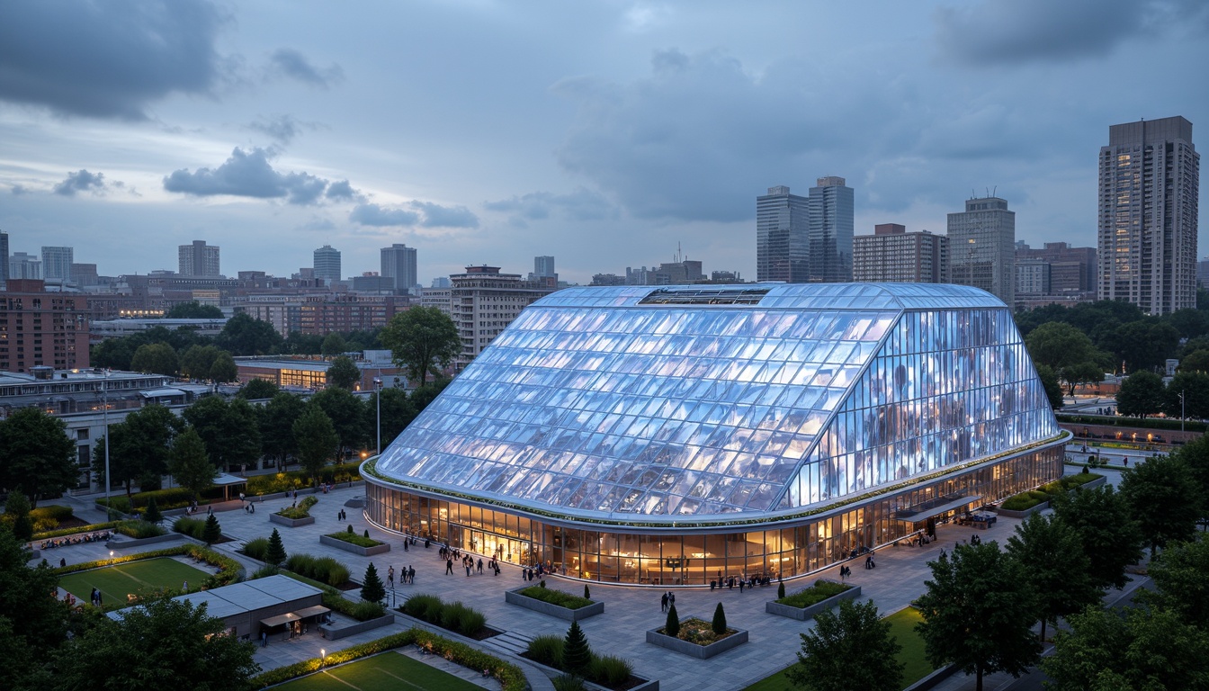 Prompt: Transparent stadium fa\u00e7ade, sleek glass surfaces, cantilevered roofs, modern angular lines, vibrant LED lighting, atmospheric misting systems, lush greenery, natural stone seating areas, open-air concourses, panoramic city views, bustling crowd scenes, dramatic shadow effects, shallow depth of field, 1/1 composition, realistic textures, ambient occlusion, futuristic architecture design, sustainable energy solutions, solar panels, wind turbines, water conservation systems, eco-friendly materials, innovative cooling technologies.