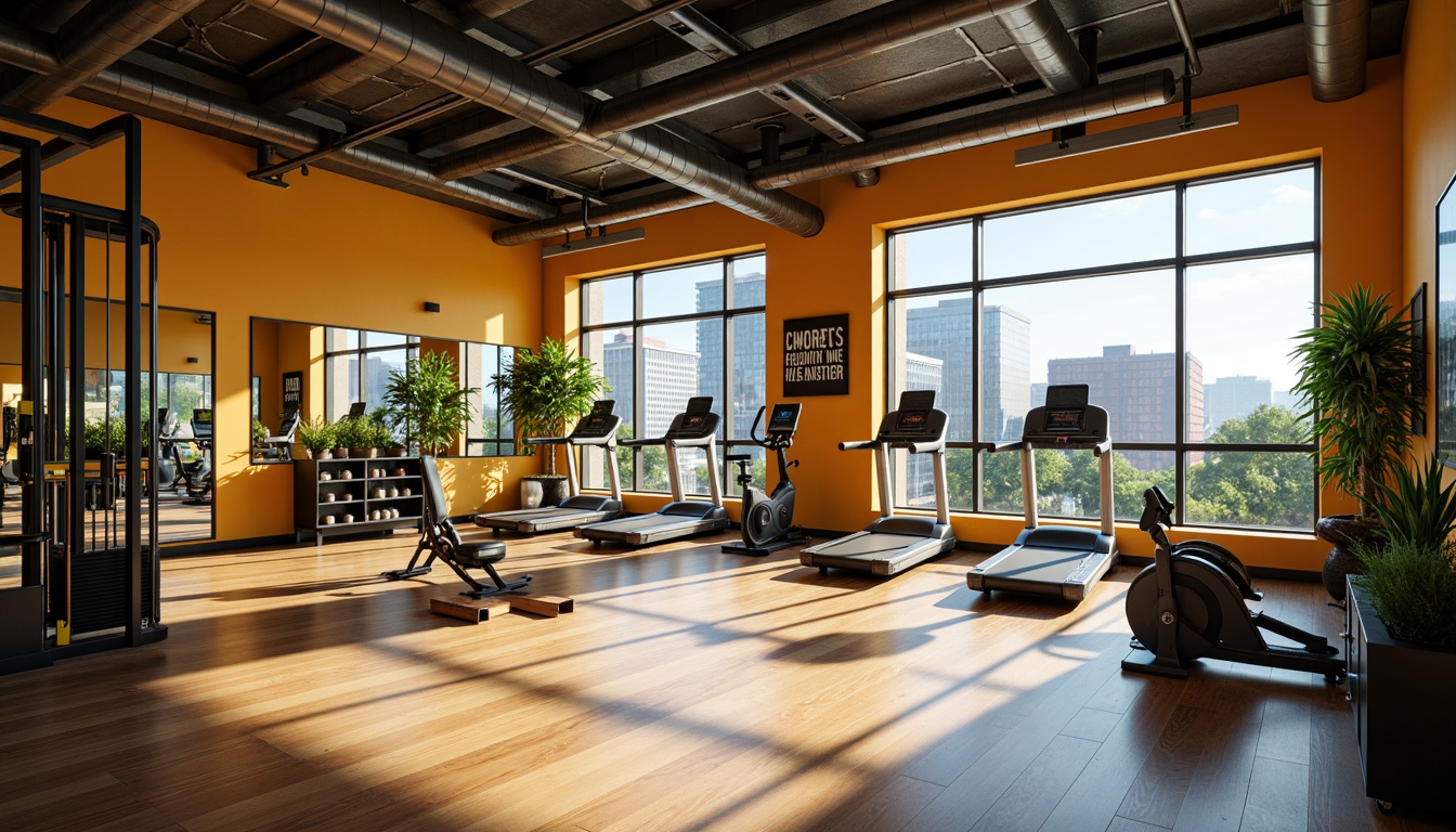 Prompt: Vibrant fitness club interior, large windows, abundant natural light, warm wooden floors, modern gym equipment, free weights, treadmills, exercise bikes, mirrors, motivational quotes, green plants, urban cityscape views, sunny day, soft gentle lighting, shallow depth of field, 3/4 composition, realistic textures, ambient occlusion.