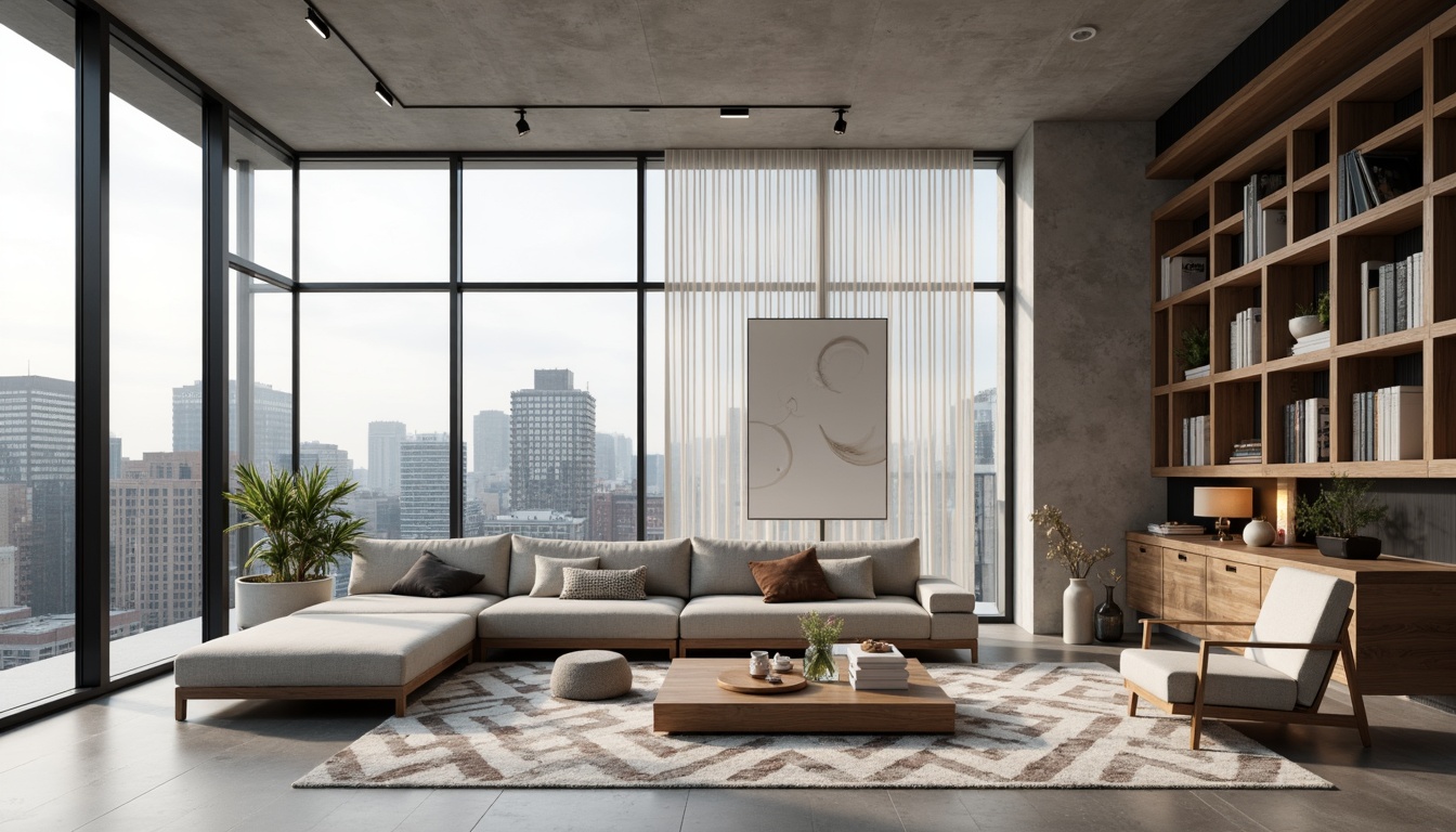 Prompt: Minimalist living room, sleek low-profile furniture, neutral color palette, industrial-chic metal accents, polished concrete floors, floor-to-ceiling windows, abundant natural light, urban cityscape views, functional modular shelving, geometric patterned rugs, monochromatic artwork, concealed LED lighting, 3/4 composition, shallow depth of field, soft warm ambiance.