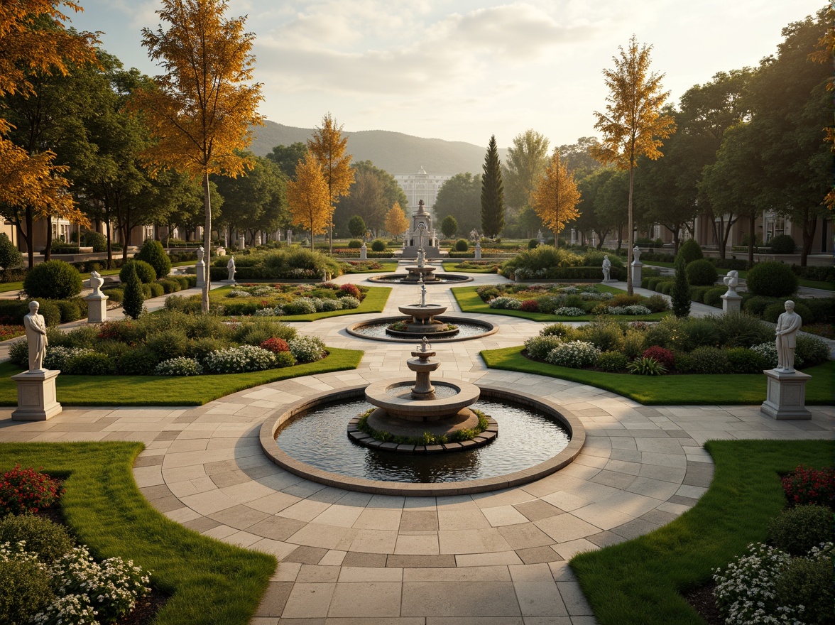 Prompt: Grandiose fountain, symmetrical garden layout, manicured lawns, ornate stone statues, classical columns, curved walkways, elegant lampposts, vibrant flowerbeds, majestic trees, subtle topiary, serene water features, refined hedges, soft golden lighting, shallow depth of field, 1/1 composition, panoramic view, realistic textures, ambient occlusion.