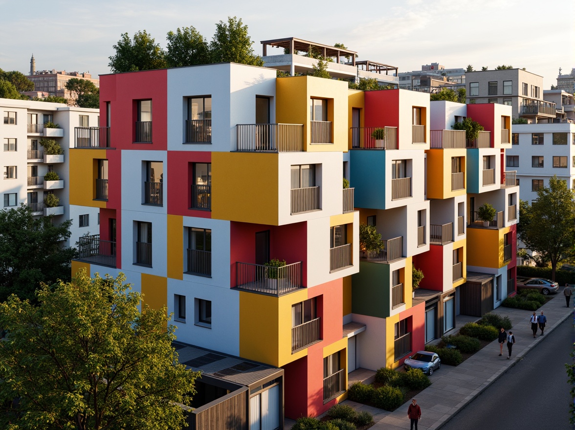 Prompt: Vibrant social housing, eclectic facade design, bold color blocking, irregular geometric shapes, mixed materials, metal frames, wooden accents, green roofs, solar panels, urban landscape, busy street scene, modern cityscape, afternoon sunlight, soft warm lighting, shallow depth of field, 1/1 composition, realistic textures, ambient occlusion.