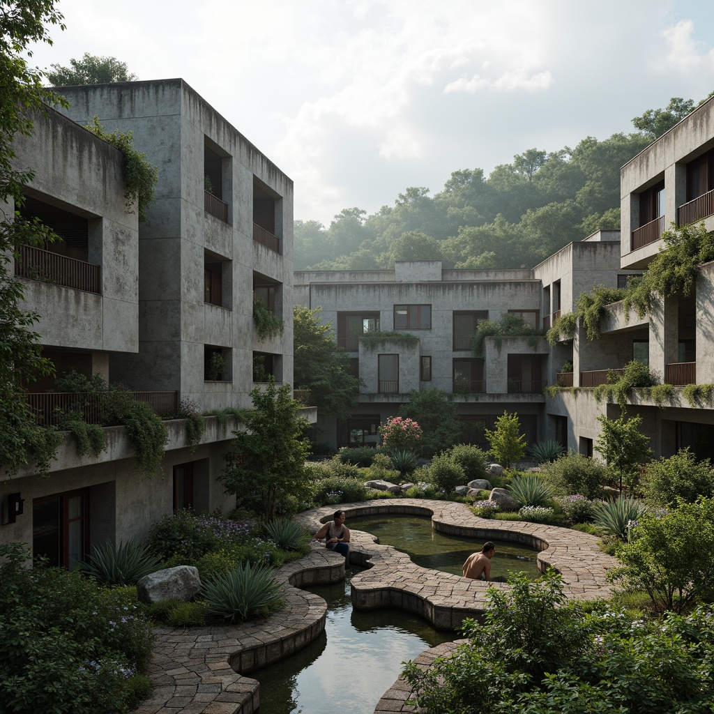 Prompt: Rugged brutalist buildings, fortress-like structures, raw concrete textures, industrial materials, overgrown vegetation, wildflowers, moss-covered walls, weathered wooden accents, dramatic shadows, harsh natural light, misty atmosphere, dense forest surroundings, winding stone pathways, rusting metal railings, organic shaped pools, water features, cascading green roofs, integrated landscape design, harmonious contrast between nature and architecture, bold geometric forms, monumental scale, abstract sculptures, brutalist monuments, heroic landscaping, elevated walkways, panoramic views, cinematic composition, high-contrast lighting, dramatic cloud formations.