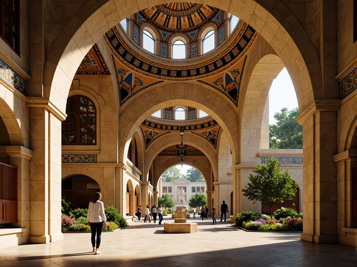 Prompt: Intricate Byzantine arches, ornate columns, vibrant mosaics, richly patterned textiles, grand entranceways, imposing stone walls, majestic domes, luminous stained glass windows, warm golden lighting, shallow depth of field, 1/2 composition, panoramic view, realistic textures, ambient occlusion, middle school courtyard, educational signage, lush greenery, blooming flowers, sunny day, soft warm atmosphere.