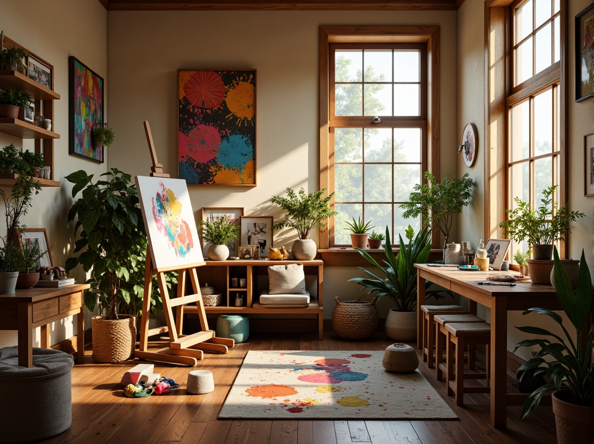 Prompt: Vibrant art studio, natural light pouring in, wooden easel, paint-splattered table, eclectic color swatches, abstract artwork, warm beige walls, rich wood flooring, cozy atmosphere, soft box lighting, 3/4 composition, intimate setting, realistic textures, ambient occlusion.