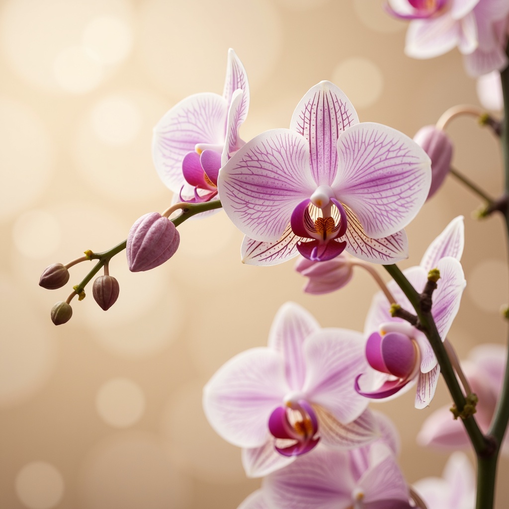 Prompt: Delicate orchid blooms, soft pastel hues, gentle petals, subtle sheen, luxurious velvety texture, warm beige backgrounds, creamy whites, rich berry accents, metallic gold highlights, ornate decorative patterns, whimsical illustrations, dreamy atmosphere, shallow depth of field, 1/1 composition, natural lighting, soft focus, romantic ambiance.