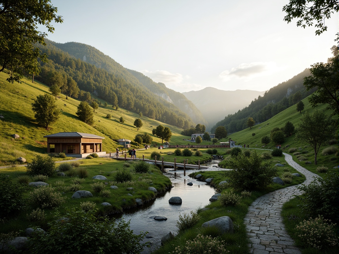 Prompt: Serene valley landscape, lush greenery, meandering streams, rustic wooden bridges, natural stone pathways, verdant hillsides, scenic overlooks, majestic mountain ranges, misty atmosphere, warm golden lighting, shallow depth of field, 2/3 composition, panoramic view, realistic textures, ambient occlusion, harmonious integration with surrounding environment, native plant species, local wildlife habitats, eco-friendly design principles, sustainable development strategies.