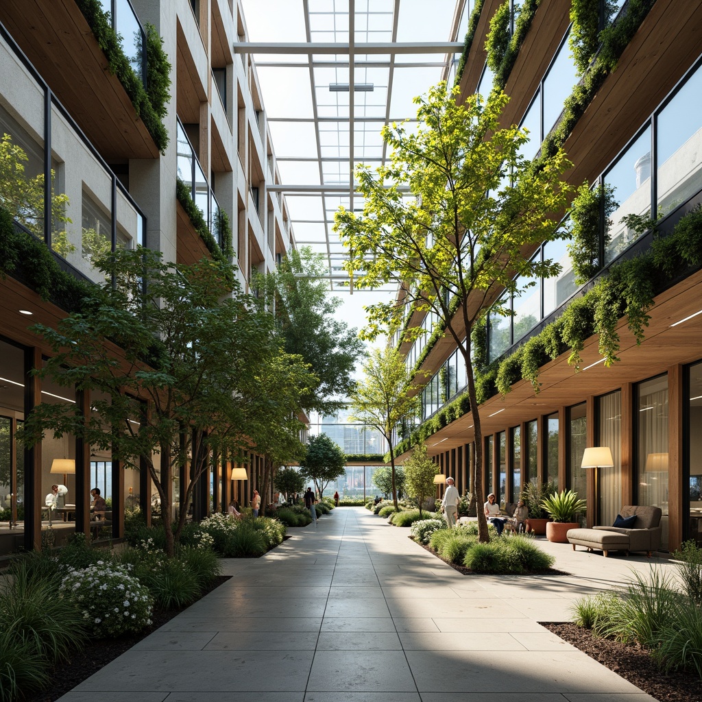 Prompt: Spacious office building, large windows, natural ventilation systems, operable glass walls, green roofs, lush vegetation, vertical gardens, modern minimalist interior design, earthy color palette, wooden accents, comfortable workspaces, collaborative areas, flexible layouts, abundant natural light, soft warm lighting, 1/1 composition, realistic textures, ambient occlusion.