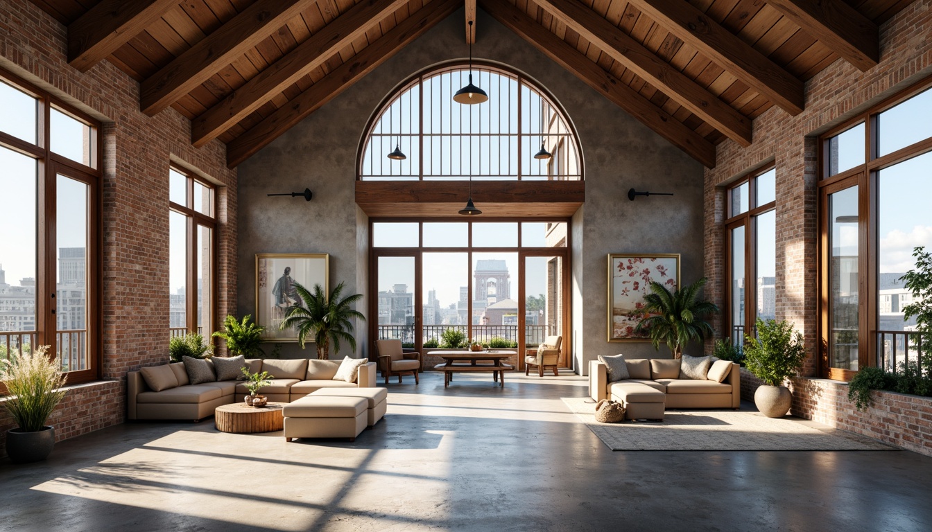 Prompt: Industrial chic loft interior, exposed brick walls, polished concrete floors, wooden beam ceilings, large windows, sliding glass doors, minimal obstructed views, clerestory windows, skylights, light wells, reflective surfaces, metallic accents, urban cityscape views, sunny day, soft warm lighting, shallow depth of field, 3/4 composition, panoramic view, realistic textures, ambient occlusion.