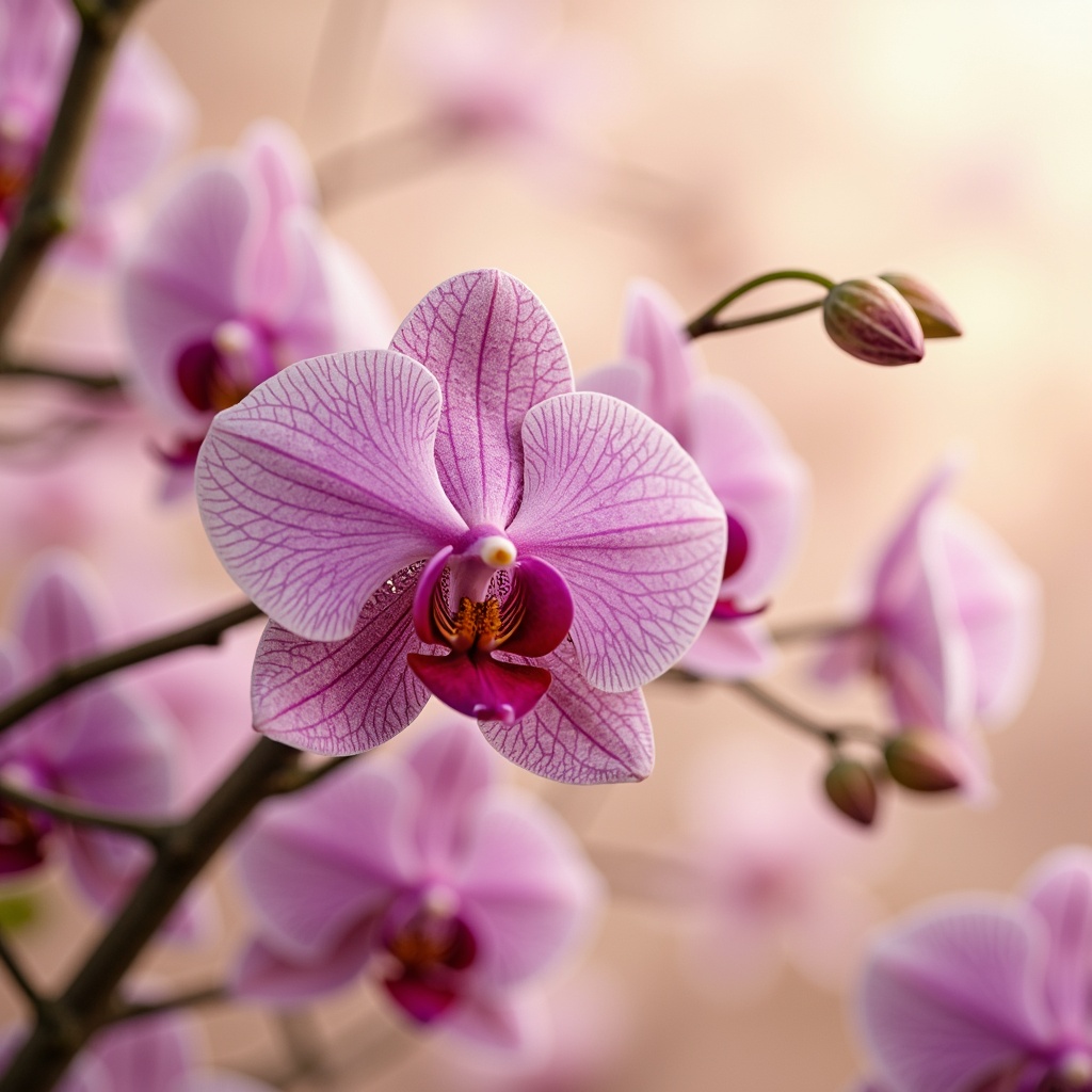 Prompt: Vibrant orchid hues, pastel pink accents, delicate purple undertones, soft peach highlights, creamy ivory backgrounds, luxurious velvety textures, ornate gold details, whimsical floral patterns, subtle gradient effects, warm golden lighting, shallow depth of field, 1/2 composition, intimate close-up shots, realistic fabric simulations, ambient occlusion.