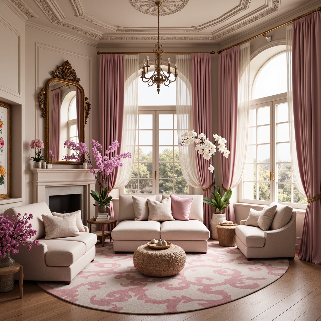 Prompt: Elegant orchid-inspired interior, soft velvety petals, pastel pink undertones, rich plum accents, creamy whites, warm beige backgrounds, subtle golden lighting, ornate mirrors, luxurious fabrics, intricate botanical patterns, delicate lace details, romantic ambiance, whimsical illustrations, watercolor textures, dreamy atmosphere, shallow depth of field, 1/1 composition, soft focus, natural light.