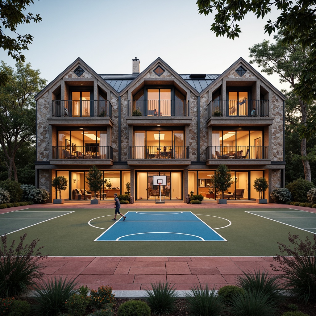 Prompt: Rustic gymnasium facade, regionalism style, earthy tones, natural stone walls, wooden accents, steeply pitched roofs, dormer windows, ornate metalwork, vibrant sports equipment, athletic tracks, tennis courts, basketball hoops, modern amenities, industrial lighting, soft warm ambiance, shallow depth of field, 1/1 composition, symmetrical framing, realistic textures, ambient occlusion.