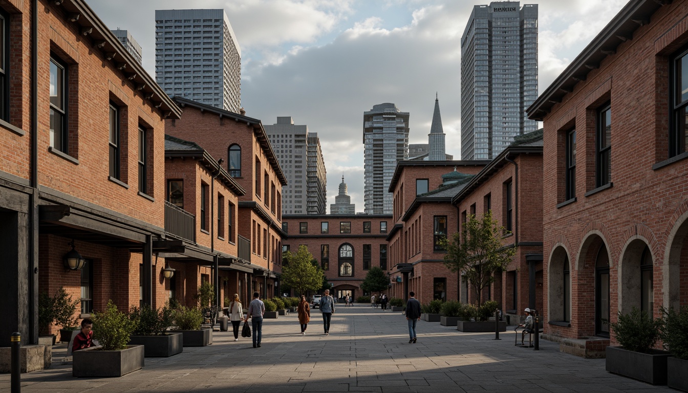 Prompt: Rustic warehouse, exposed brick walls, distressed wooden beams, industrial metal accents, Romanesque arches, ornate stone carvings, weathered copper roofs, urban cityscape, cloudy grey skies, warm afternoon light, shallow depth of field, 1/2 composition, symmetrical framing, realistic textures, ambient occlusion.