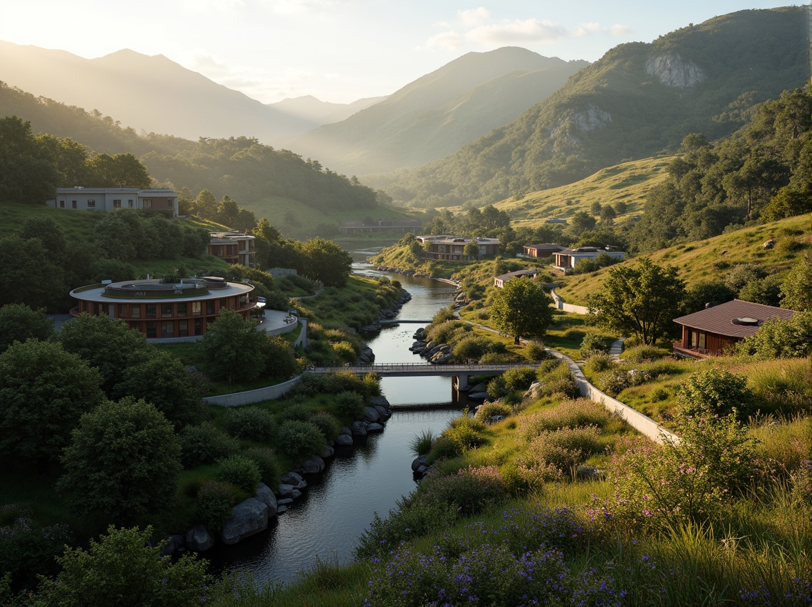 Prompt: Sweeping mountain ranges, lush forests, winding rivers, rustic stone walls, wooden bridges, modern minimalist architecture, curved lines, green roofs, solar panels, rainwater harvesting systems, native plant species, vibrant wildflowers, warm golden lighting, soft misty atmosphere, shallow depth of field, 1/2 composition, aerial view, realistic textures, ambient occlusion.