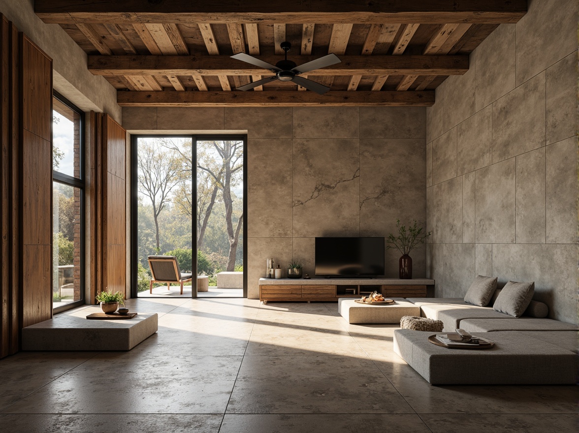 Prompt: Rustic textured concrete walls, earthy color palette, rough-hewn stone accents, industrial-style metal beams, exposed ductwork, modern minimalist interior design, open-plan living spaces, natural light pouring in, subtle warm ambient lighting, 1/2 composition, realistic textures, detailed normal maps, high-contrast rendering.