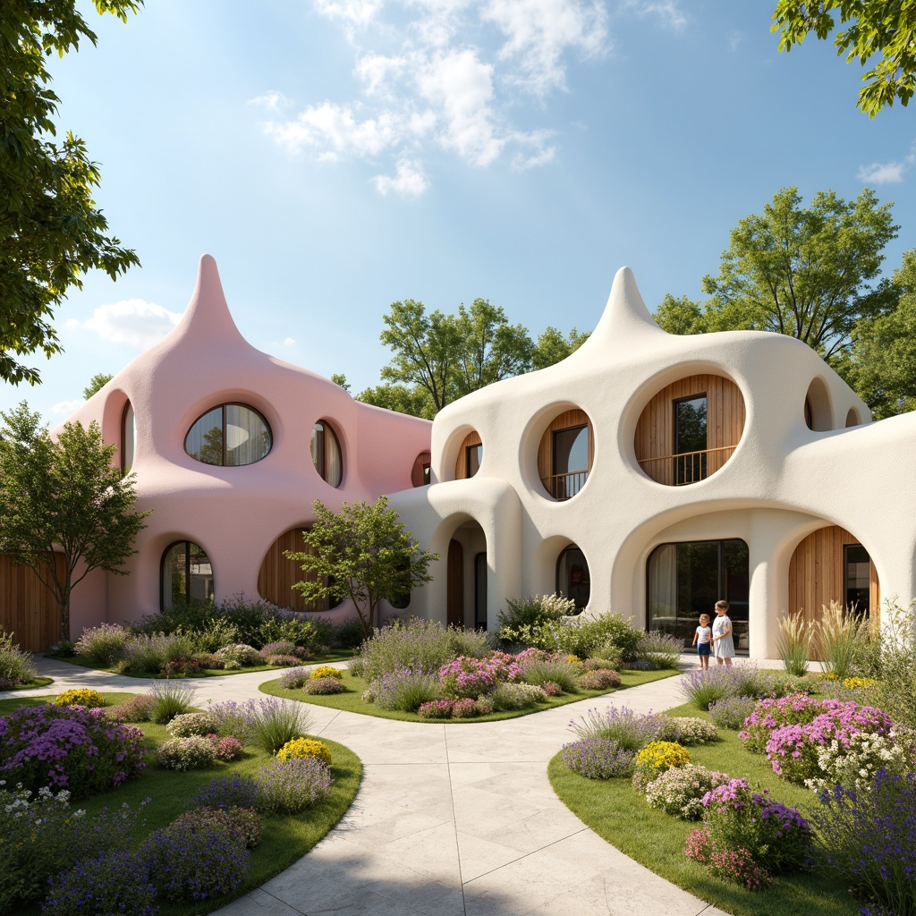 Prompt: Whimsical kindergarten building, curved organic shapes, soft pastel colors, natural wood accents, playful blob-like structures, rounded edges, smooth stucco exteriors, lush green roofs, blooming flower gardens, sunny day, warm ambient lighting, shallow depth of field, 3/4 composition, panoramic view, realistic textures, ambient occlusion.