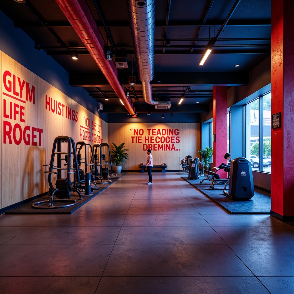 Prompt: Vibrant gym interior, bold color scheme, energetic atmosphere, motivational quotes, sleek exercise equipment, modern flooring, industrial-style lighting, dynamic wall art, intense red accents, deep blue tones, bright yellow highlights, neutral beige background, high-contrast visual appeal, dramatic shadows, atmospheric perspective, 1/1 composition, realistic textures, ambient occlusion.