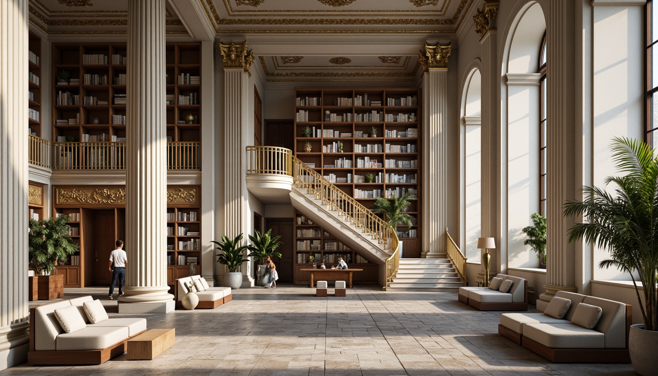 Prompt: \Elegant neoclassical library, ornate columns, grand staircases, intricate moldings, rich wood tones, luxurious fabrics, golden accents, creamy whites, soft grays, muted blues, earthy browns, warm beige, subtle texture, natural light, soft shadows, 1/1 composition, realistic render, ambient occlusion.\