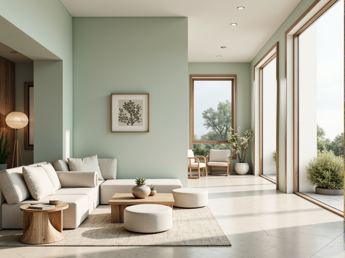 Prompt: Soft celadon hues, calming atmosphere, serene natural light, elegant minimalist decor, cream-colored walls, warm beige furniture, subtle texture contrasts, refined ceramic accents, delicate floral patterns, soft grayish-blue tones, creamy whites, gentle pastel shades, modern Scandinavian design, airy open spaces, floor-to-ceiling windows, natural linen fabrics, woven rattan details, sophisticated color blocking, 1/2 composition, soft focus, warm ambient lighting.