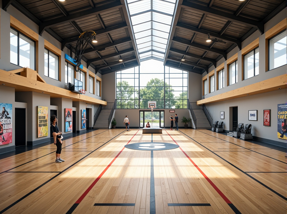 Prompt: Modern gymnasium, high ceiling, large windows, clerestory windows, natural light pouring in, wooden flooring, sporty atmosphere, athletic equipment, basketball hoops, tennis courts, running tracks, vibrant colors, motivational quotes, inspirational posters, transparent glass doors, open spaces, airy feel, soft warm lighting, 3/4 composition, realistic textures, ambient occlusion.