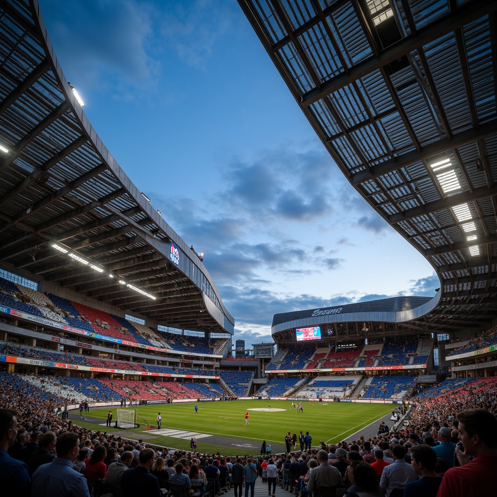 Prompt: Sweeping curves, angular lines, dynamic shapes, cantilevered roofs, exposed steel beams, ribbed concrete walls, abstract patterns, vibrant team colors, stadium seating, floodlights, evening atmosphere, dramatic shadows, high-contrast lighting, 1/2 composition, cinematic view, photorealistic textures, ambient occlusion.Let me know if you need any adjustments!