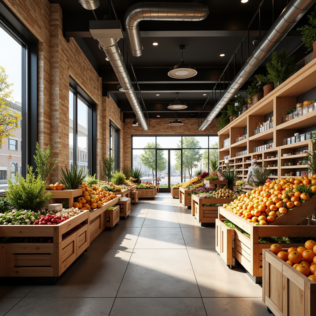 Prompt: Vibrant grocery store interior, fresh produce displays, colorful fruit stands, wooden crate shelves, modern industrial lighting, exposed ductwork, polished concrete floors, natural stone walls, earthy tone color palette, warm beige accents, rich wood tones, pop of bright reds, energetic oranges, calming greens, soft creamy whites, inviting entrance signage, clear glass storefronts, urban cityscape views, morning sunlight, soft box shadows, 1/1 composition, realistic textures, ambient occlusion.