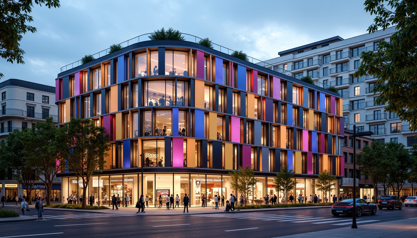 Prompt: Vibrant eclectic shopping center, asymmetrical facade, mixed materials, metallic accents, LED lighting, irregular shapes, bold color schemes, dynamic textures, modern architecture, urban cityscape, bustling streets, pedestrian traffic, daytime atmosphere, shallow depth of field, 1/1 composition, wide-angle lens, realistic reflections, ambient occlusion, eclectic patterns, ornate details, intricate moldings, luxurious finishes.