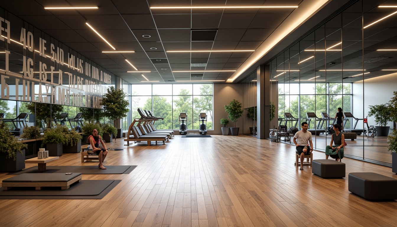 Prompt: Modern fitness center interior, sleek mirrored walls, polished wood floors, high ceilings, open spaces, natural lighting, floor-to-ceiling windows, motivational quotes, exercise equipment zones, free weight areas, cardio machines, strength training stations, yoga mats, meditation rooms, spa-inspired locker rooms, aromatherapy scents, calming color schemes, functional layout, efficient circulation paths, acoustic soundproofing, dynamic LED lighting, 3/4 composition, shallow depth of field, realistic textures.