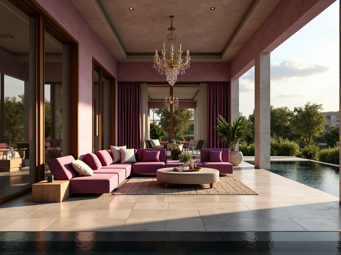 Prompt: Mauve accentuated modern villa, luxurious velvet furnishings, soft mauve hued walls, polished marble floors, elegant crystal chandeliers, lavish greenery, natural stone patio, serene water features, warm golden lighting, shallow depth of field, 1/1 composition, cinematic view, realistic textures, ambient occlusion.