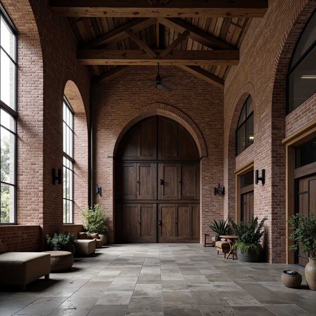 Prompt: Rustic warehouse facade, Romanesque arches, weathered brick walls, distressed metal doors, ornate stone carvings, grand entranceways, vaulted ceilings, exposed wooden beams, industrial chic aesthetic, vintage machinery, reclaimed wood accents, earthy color palette, warm natural lighting, dramatic shadows, 1/2 composition, low-angle shot, cinematic atmosphere, realistic textures, ambient occlusion.