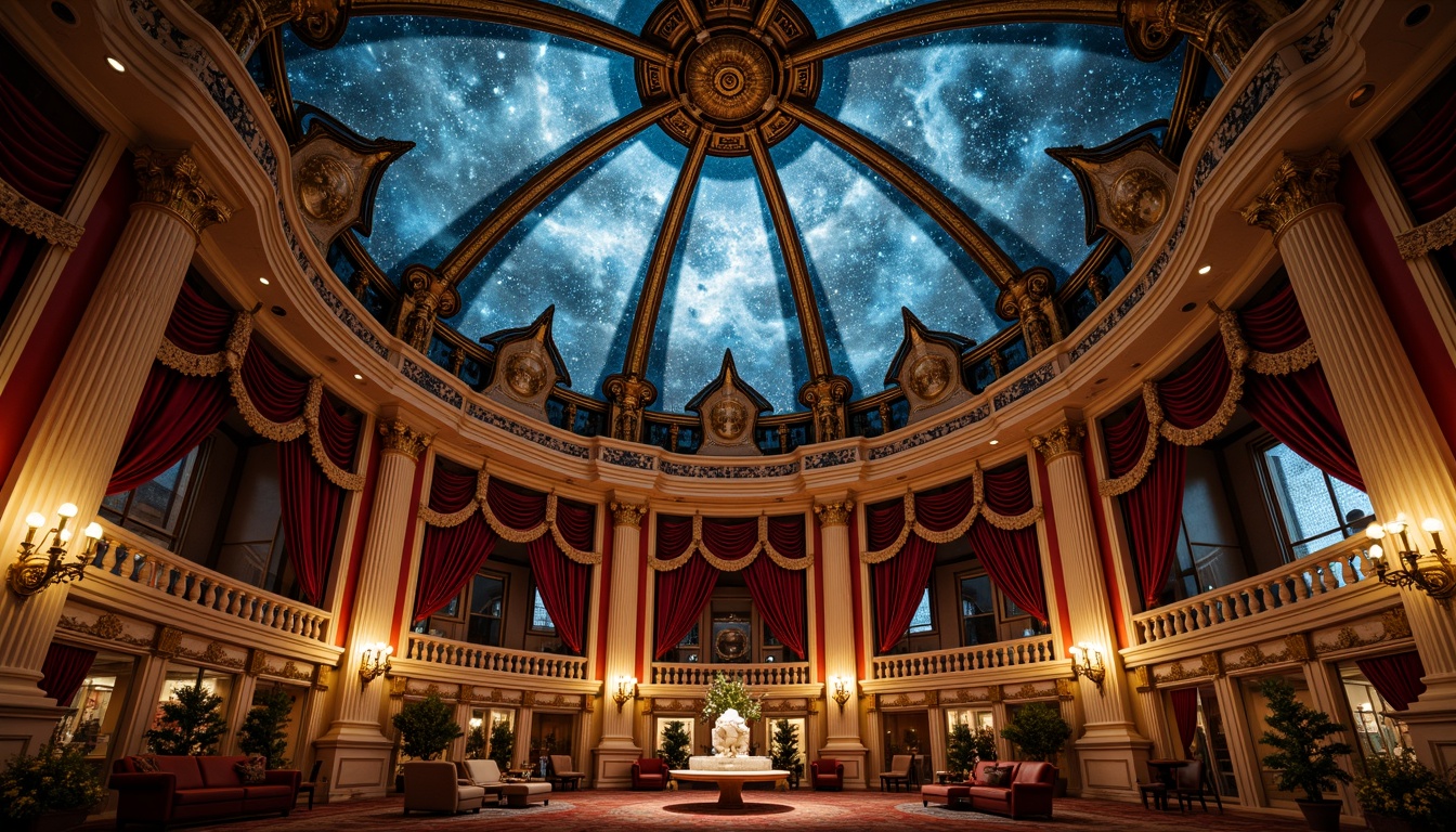 Prompt: Intricate planetarium dome, ornate Baroque detailing, gilded accents, celestial bodies projections, starry night sky, rich velvet drapes, luxurious furnishings, golden chandeliers, intricate carvings, grandiose architecture, majestic columns, opulent ornaments, soft warm lighting, shallow depth of field, 1/2 composition, dramatic spotlighting, realistic textures, ambient occlusion.