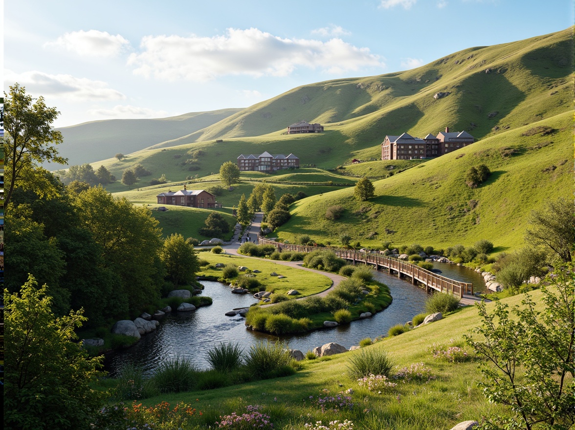 Prompt: Harmonious landscape integration, rolling hills, lush greenery, meandering water features, natural stone walls, wooden bridges, eco-friendly buildings, curved lines, organic architecture, native plant species, vibrant wildflowers, sunny day, soft warm lighting, shallow depth of field, 3/4 composition, panoramic view, realistic textures, ambient occlusion.