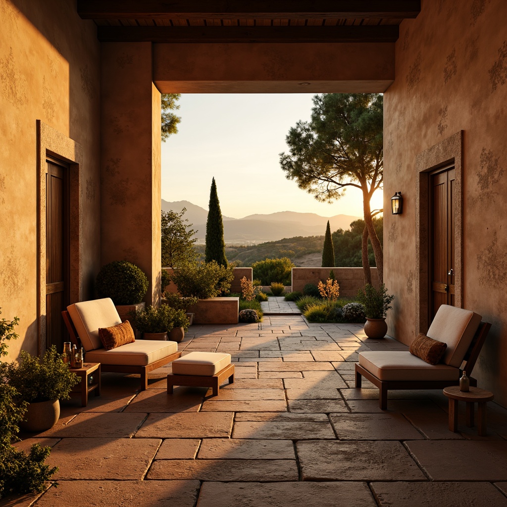 Prompt: Warm sienna hues, earthy tones, rustic textures, natural stone walls, vintage wooden doors, cozy reading nooks, comfortable armchairs, soft warm lighting, shallow depth of field, 3/4 composition, panoramic view, realistic textures, ambient occlusion, serene atmosphere, intimate settings, inviting color scheme, traditional architecture, Tuscan-inspired design, Mediterranean landscape, rolling hills, cypress trees, golden sunsets.