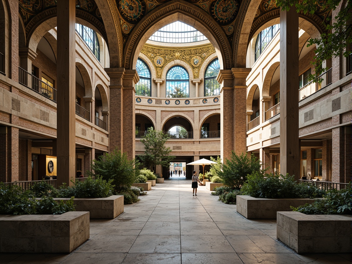 Prompt: Grandiose middle school building, Byzantine-inspired arches, ornate columns, intricate mosaics, golden domes, vibrant turquoise accents, lush greenery, sprawling courtyard, educational signage, worn stone walkways, rustic brick walls, grand entrance hall, high ceilings, stained glass windows, warm soft lighting, shallow depth of field, 1/1 composition, realistic textures, ambient occlusion.