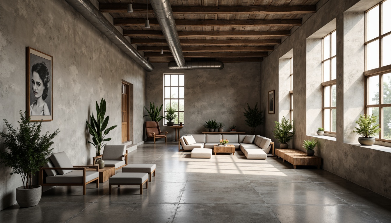 Prompt: Rustic modern architecture, plastered concrete walls, industrial chic, urban loft style, exposed ductwork, metal beams, polished concrete floors, minimalist decor, monochromatic color scheme, soft natural light, ambient shadows, 1/1 composition, realistic textures, shallow depth of field, warm atmosphere, cozy ambiance.