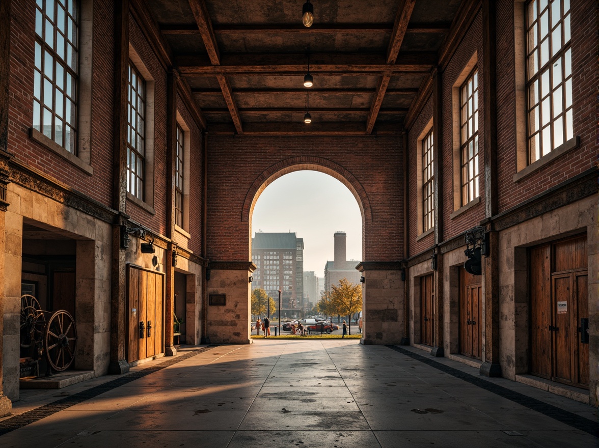 Prompt: Rustic warehouse fa\u00e7ade, Romanesque arches, distressed brick walls, industrial metal accents, reclaimed wood textures, vintage pulley systems, exposed ductwork, urban cityscape, overcast skies, warm golden lighting, atmospheric fog, shallow depth of field, 1/1 composition, symmetrical framing, realistic rust effects, ambient occlusion.