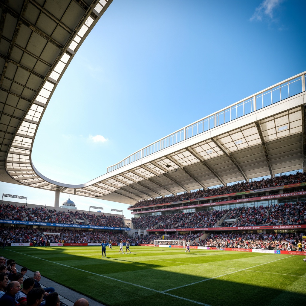 Prompt: Sleek football stadium, curved rooflines, lightweight steel frameworks, cantilevered upper tiers, transparent polycarbonate facades, airy ventilation systems, spacious concourses, modern LED scoreboards, vibrant team color schemes, lush green grass pitches, sunny afternoon light, shallow depth of field, 1/2 composition, dramatic spotlights, realistic crowd simulations, ambient occlusion.