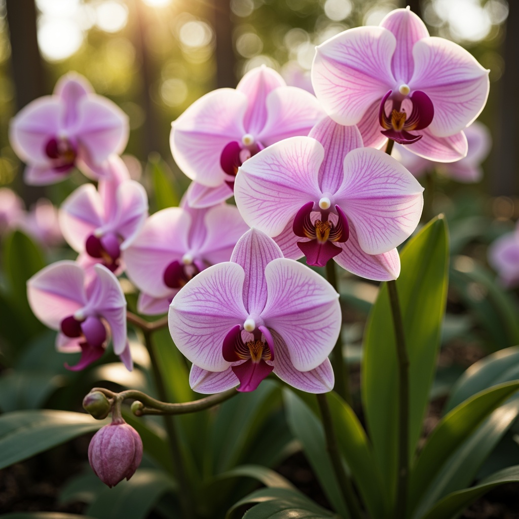 Prompt: Ethereal orchid flowers, soft pink petals, delicate purple hues, whimsical botanical illustrations, lush green foliage, creamy white accents, warm golden lighting, shallow depth of field, 1/1 composition, intimate close-up shots, realistic textures, ambient occlusion, dreamy atmosphere, subtle color gradations, harmonious color balance, nature-inspired design, elegant typography, refined modern aesthetic.