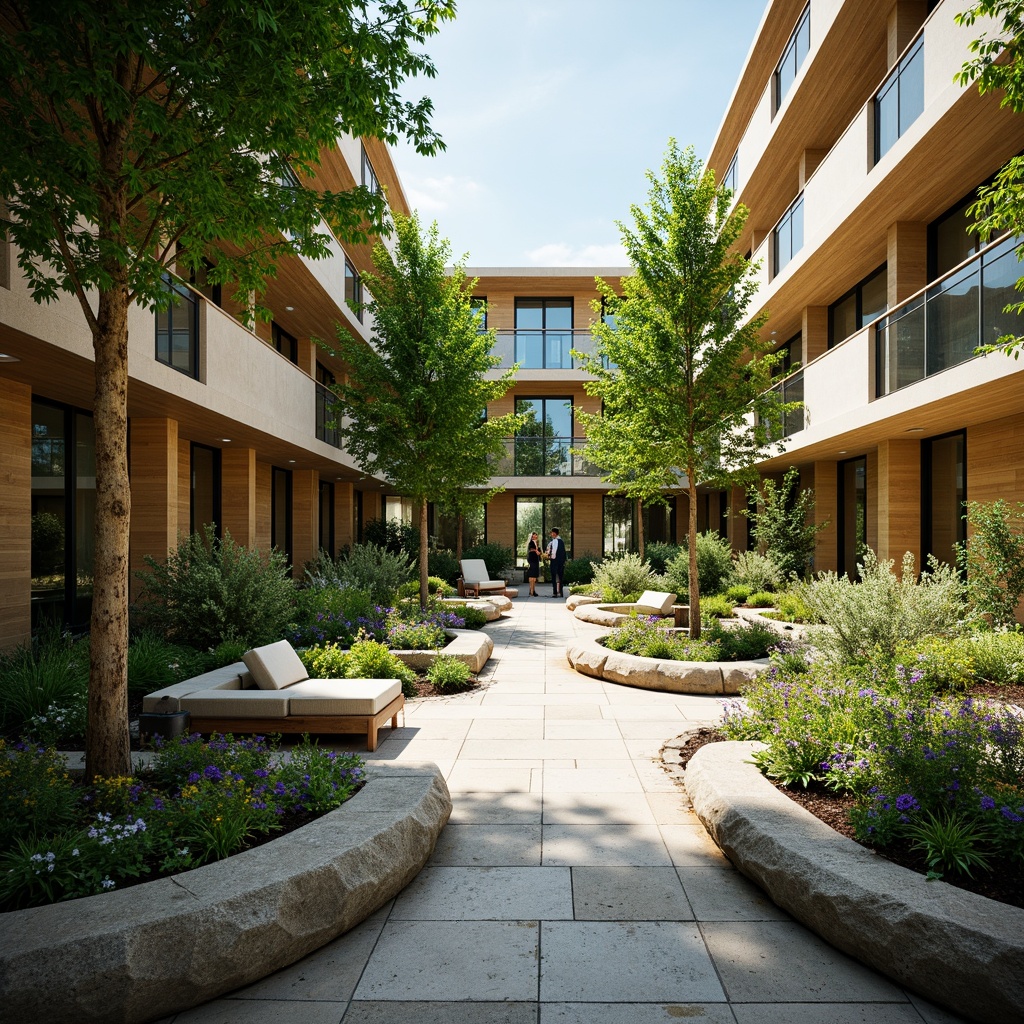 Prompt: Vibrant hospital courtyard, lush green walls, natural stone floors, reclaimed wood accents, organic curves, healing gardens, water features, abundant daylight, soft warm lighting, shallow depth of field, 3/4 composition, panoramic view, realistic textures, ambient occlusion, nature-inspired patterns, soothing color palette, calming ambiance, peaceful atmosphere, ergonomic furniture, comfortable waiting areas, serene nurse stations, modern medical equipment, innovative ventilation systems, eco-friendly materials, sustainable building practices.