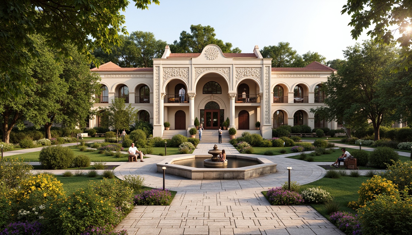 Prompt: Majestic Byzantine-style middle school building, ornate stone carvings, vibrant greenery, blooming flowerbeds, lush shrubbery, meandering walkways, rustic benches, decorative lampposts, intricate mosaics, grand entrance arches, symmetrical gardens, tranquil fountains, sunny afternoon, soft warm lighting, shallow depth of field, 3/4 composition, panoramic view, realistic textures, ambient occlusion.