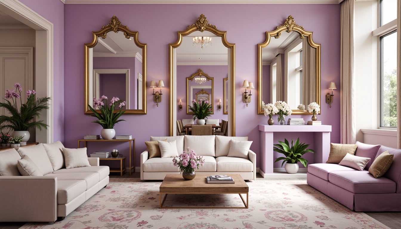 Prompt: \Luxurious interior design, orchid-inspired color palette, soft pastel hues, gentle purple tones, creamy whites, warm beige accents, metallic gold details, ornate mirrors, velvet upholstery, plush area rugs, delicate floral patterns, sophisticated ambiance, warm softbox lighting, shallow depth of field, 1/1 composition, intimate atmosphere, realistic textures, subtle ambient occlusion.\