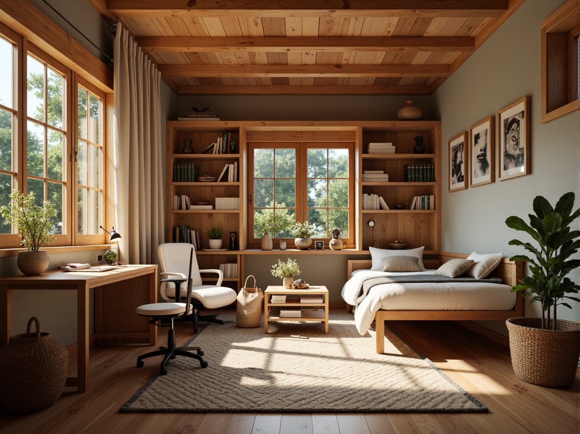 Prompt: Cozy dorm room, wooden furniture, comfortable bedding, soft warm lighting, minimalist decor, natural wood accents, earthy color palette, bookshelves, desk lamps, ergonomic chairs, geometric patterned rugs, modernized traditional architecture, large windows, calm atmosphere, soft shadows, shallow depth of field, 1/1 composition, realistic textures, ambient occlusion.