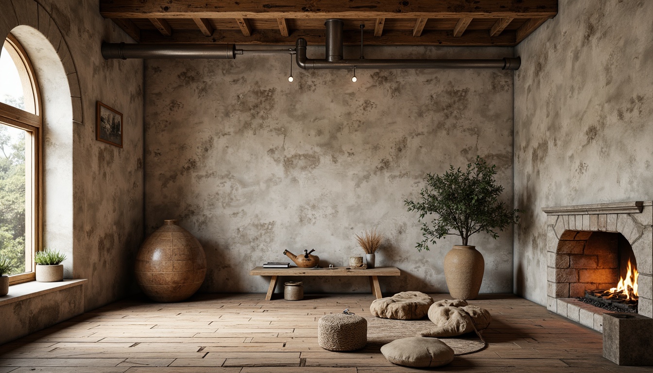 Prompt: Rustic concrete walls, textured plaster finish, earthy color palette, organic shapes, irregular forms, natural stone accents, rough-hewn wooden beams, industrial metal pipes, distressed wooden floors, vintage decorative items, soft warm lighting, shallow depth of field, 1/2 composition, realistic textures, ambient occlusion.