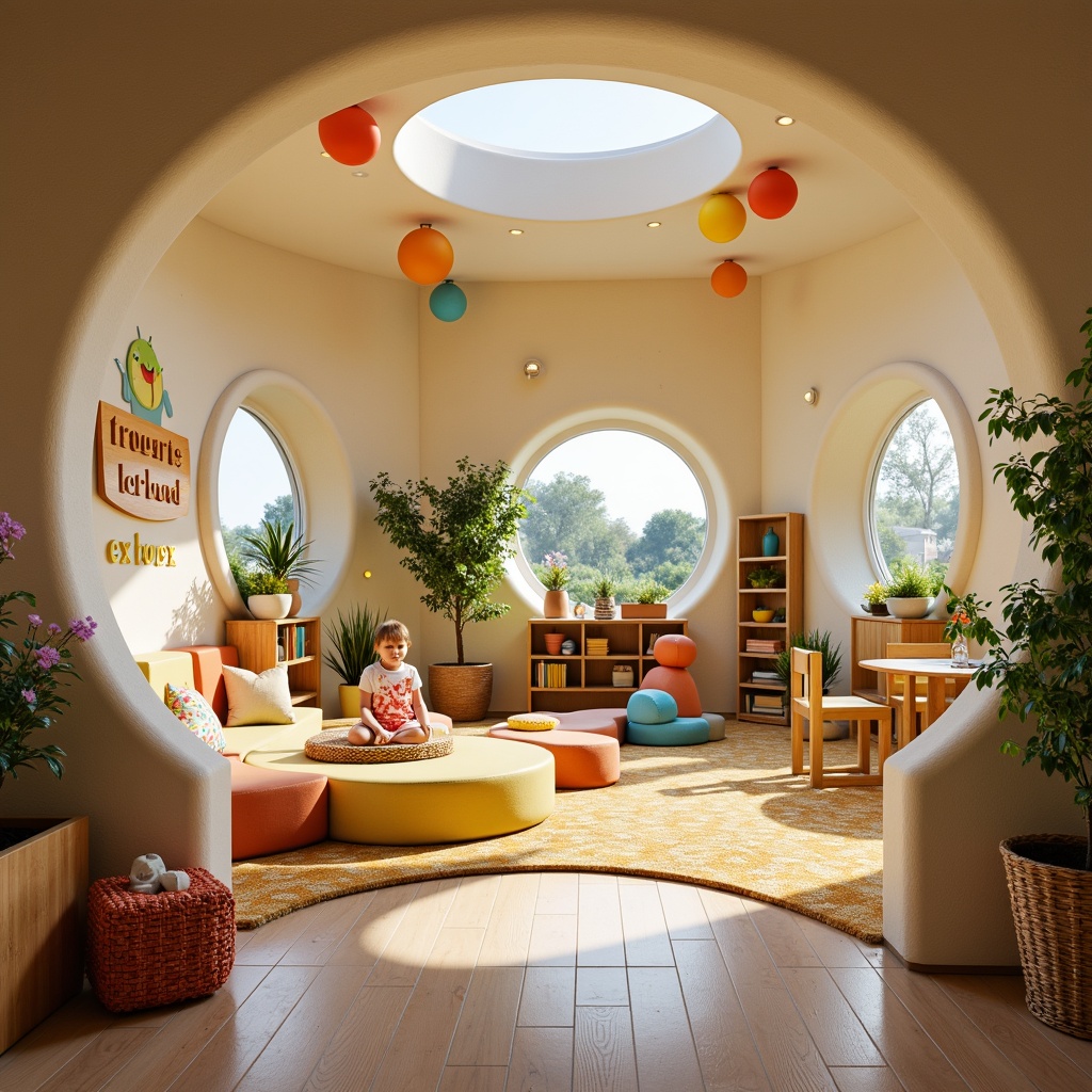 Prompt: Whimsical kindergarten, curved organic shapes, playful rounded forms, soft earthy tones, natural wood accents, vibrant colorful murals, educational signage, interactive play equipment, cozy reading nooks, circular tables, wavy patterned carpets, warm sunny lighting, shallow depth of field, 1/1 composition, realistic textures, ambient occlusion, lush greenery, potted plants, blooming flowers.