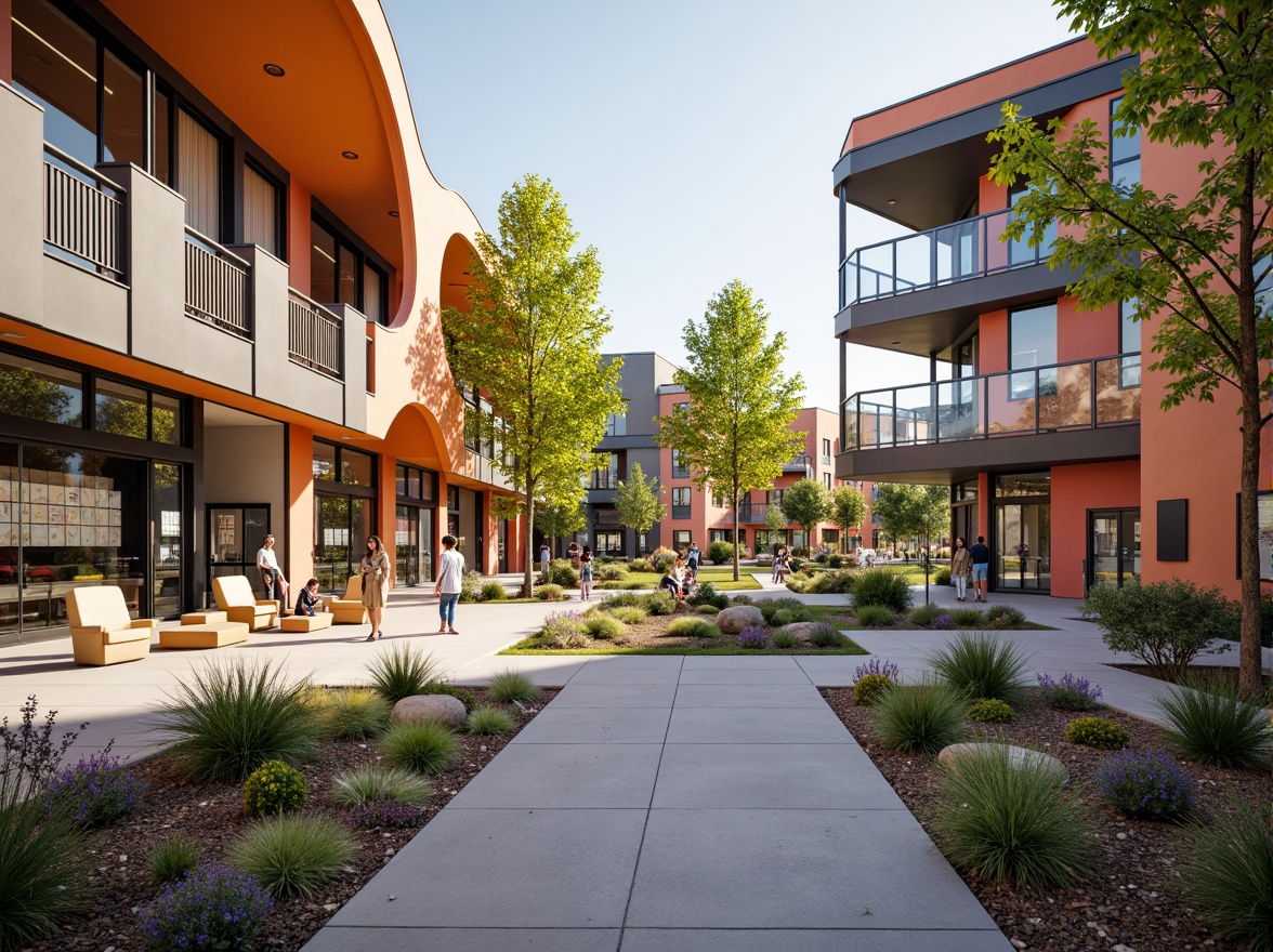 Prompt: Vibrant community center, fusion architecture style, dynamic curves, angular lines, bold color scheme, natural light-filled atrium, open floor plan, collaborative workspaces, flexible seating areas, interactive exhibits, digital displays, eco-friendly materials, sustainable energy systems, green roofs, living walls, urban garden, outdoor recreational spaces, walking paths, street art installations, cultural heritage symbols, diverse community demographics, warm afternoon lighting, shallow depth of field, 1/1 composition, realistic textures, ambient occlusion.