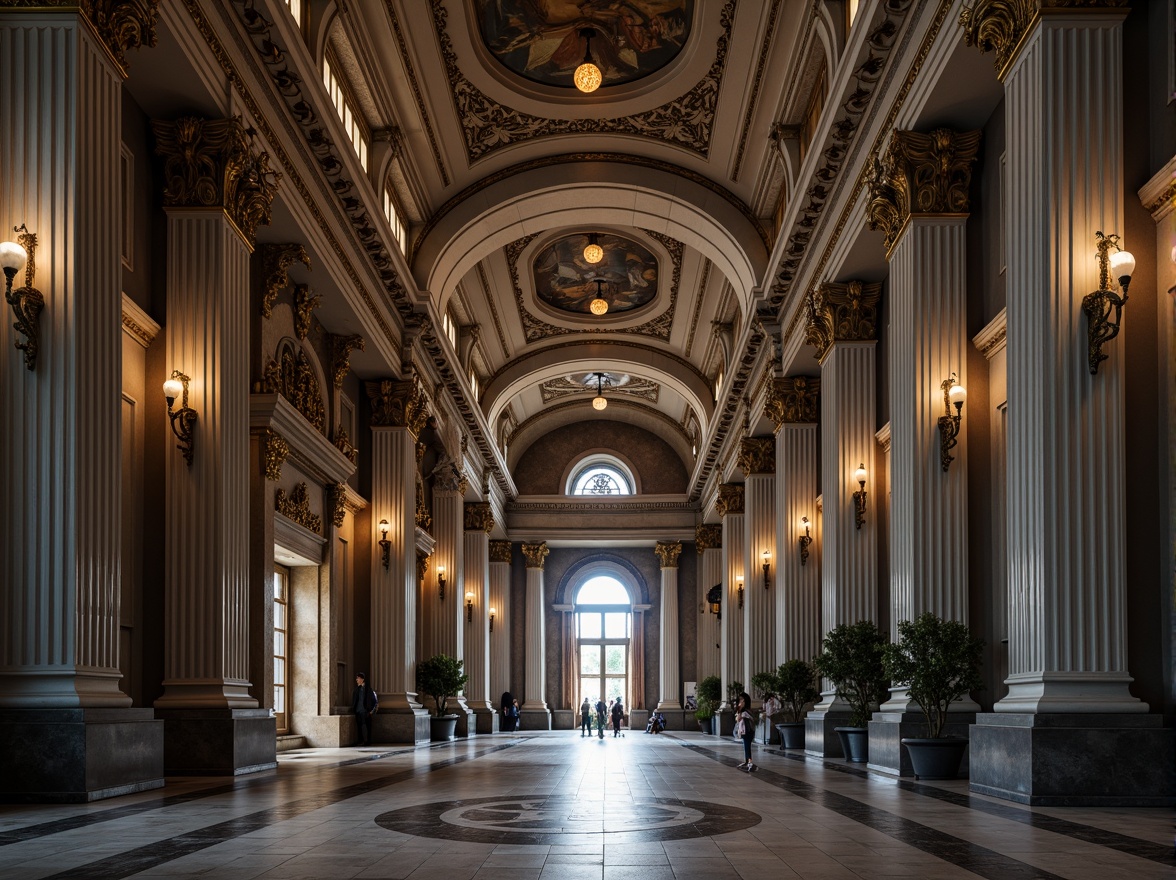 Prompt: Grand neoclassical building, ornate columns, Ionic capitals, fluted shafts, marble bases, rusticated walls, symmetrical facade, balanced composition, classical proportions, stately entrance, carved decorations, intricate moldings, gold leaf accents, dramatic lighting, high contrast shadows, realistic textures, ambient occlusion.